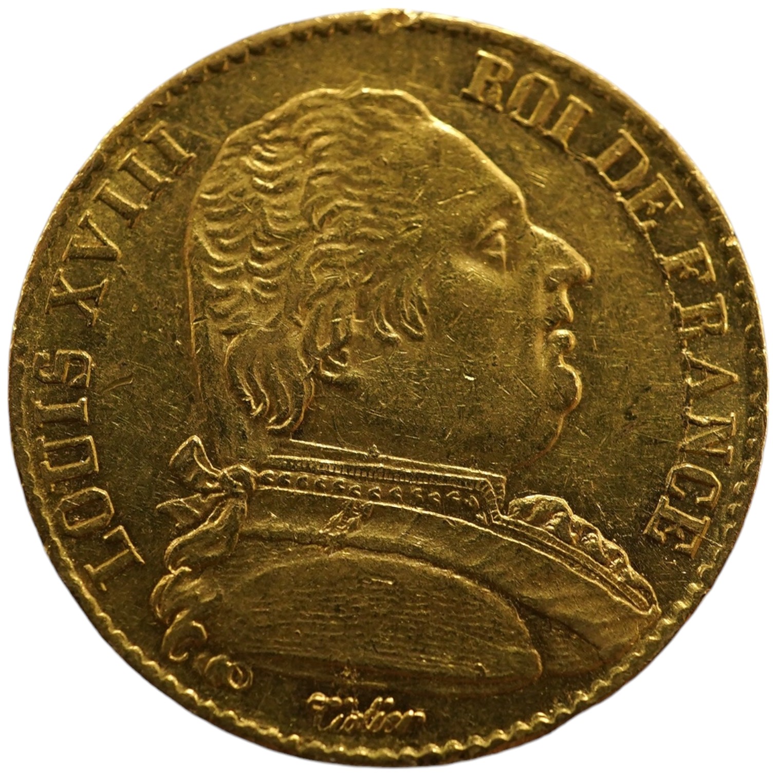 France gold coins, Louis XVIII, 20 francs 1814 A, edge nicks otherwise good VF